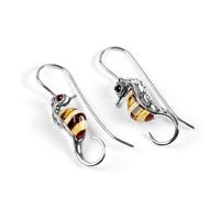HENRYKA Statement Striped Seahorse Hook Earrings in 925 Sterling Silver and Baltic Amber | Animal Sea-Life Nautical Jewellery | Boho Style Gifts for Girls & Women