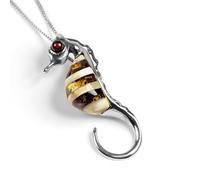 HENRYKA Stripy Seahorse Necklace in 925 Sterling Silver and Baltic Amber - 18" Chain | Hypoallergenic Pendant Sea-Life Charm Accessory | Gifts for Wife, Girlfriend, Mum