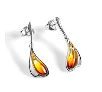 HENRYKA Sunset Amber Teardrop Dangle Earrings - 925 Solid Sterling Silver & Baltic Amber | Stunning & Elegant Two-Tone Design | Lovely Meaningful Gift for Her | 25 mm x 8 mm | Hypoallergenic Accessory