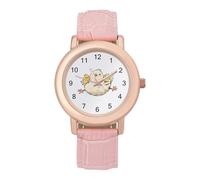 Hens and Chicken Watch for Women Pink Leather Strap Ladies Watches Round Case Three-Hand Wrist Watch