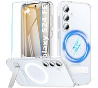 Hensinple Case for Samsung Galaxy S24 FE,Magnetic with Glass Screen Protector& Built in Stand, Military Shockproof Rugged Heavy Duty Protection Cover Phone Case for Galaxy S24 FE Matte Transparent
