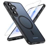 Hensinple Case for Samsung Galaxy S25,Magnetic with Glass Screen Protector, Military Shockproof Rugged Heavy Duty Protection Slim Matte Transparent Cover Phone Case for Galaxy S25 Black