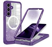 Hensione for Galaxy S25 FE Case,Compatible with MagSafe,Magnetic Glitter Case Built-in 9H Tempered Glass Screen Protector,Shockproof Protective Case for Samsung Galaxy S25 FE,All Purple