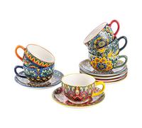 Henten Home Cup and Saucer Set, 8.5oz Porcelain Small Espresso Coffee Cup Set of 6, Ceramic Afternoon Tea Cups for Cappuccino/Latte, Boho Design