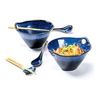 Henten Home Soup Bowls, Japanese Ramen Bowl - 2 x 900ml, Porcelain Bowls with Spoon Chopsticks, Asiatique Ramen Bowl Set of 2 for Udon Soba Pho Asian Noodles - Blue, 30oz