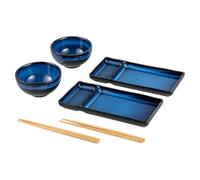 HENXFEN LEAD Japanese Sushi Tableware Set, 6-Piece, Large Sushi Set for Miso Soup, Maki Sushi Rice with 2X Sushi Plates, Bowls, Pair of Chopsticks, Navy Blue