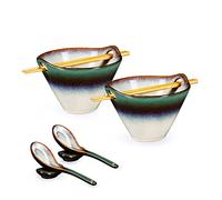 HENXFEN LEAD Porcelain Ramen Bowl Set, 2 Pcs 600ml Japanese Ceramic Soup Bowl with Chopsticks & Spoon for Soup, Salad, Pasta, Cereal, and Noodles - Green