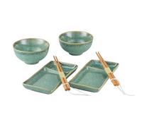HENXFEN LEAD Sushi Tableware Set, Japanese Tableware for Miso Soup, Maki, Rice with 2X Plates, Bowls, Chopsticks, Shiny Green