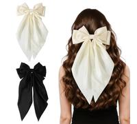 Henyall 2Pcs Big Bow Hair Clips,Hair Bow with Long Tail Silky Satin,Soft Satin Silky Big Bows,Solid Color French Barrette,Women's Clip Set,Hair Accessories for Women Girls(Black + Off-White）