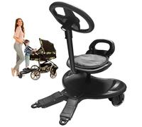 HENYEER Buggy Board with Seat and Steering Wheel, Universal Footboard for All Pushchairs, 360° Rotatable, Hand Trolley Platform for 2-6 Years Old Children, Up to 50 kg, for Families with Two Children