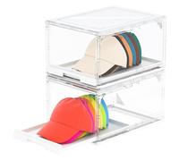Henyol 2 Pack Hat Organizer Box, Clear Cap Holder Box with Sliding Tray, Stackable Hat Display Case, Large Storage Box for Baseball Caps