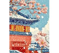 Henypt 14CT Cross Stitch Kits for Adults Beginners Oriental Architecture and Flowering Trees Fabric Pre Printed Stamped DIY Embroidery Sewing Set Handmade Needlepoint for Home Decoration 60x80cm