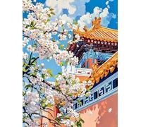 Henypt 14CT Cross Stitch Kits for Kids Oriental Architecture and Flowering Trees Fabric Pre Printed Stamped DIY Embroidery Sewing Set Handmade Needlepoint for Home Decoration 40x50cm