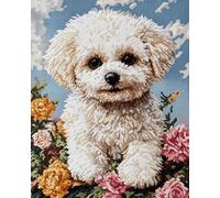 Henypt 40x50cm Cross Stitch Kits,Bichon Frise Dog and Flower Pot Full Range of Tools & Pre-Sorted Threads,Handmade Needlework Gift for Craft Lovers