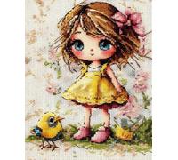 Henypt 40x50cm Cross Stitch Kits,Cute Cartoon Girl with Big Eyes Full Range of Tools & Pre-Sorted Threads,Handmade Needlework Gift for Craft Lovers