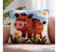 Henypt 43x43cm Latch Hook Cushion Making Kit,Wild Boar and Flowers Printed Canvas Latch Hook Soft Yarn Pillow Set,Ideal Creative Gift for Adults