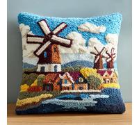 Henypt 43x43cm Latch Hook Pillow Craft Kit,Windmills in the Village Beginner Friendly DIY Crochet Cushion,Perfect for Living Room Sofa & Christmas Gifting