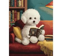 Henypt 9Ct Bead Embroidery Kit Bichon Frise Sitting On A Retro Sofa - 40X50Cm DIY Cross Stitch Craft Set with Coloured Beads, Pre-Printed Fabric & Needle, Needlework Embroidery Kit for Begin