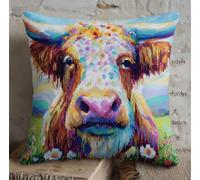 Henypt 9CT Cross Stitch Cushion Covers Kits Fantasy Highland Cow Animal Needlepoint Craft Set Pre Printed Handmade Cushions Cover Stitched Cushion Kit Decorative for Adults Beginners 45x45cm