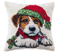 Henypt 9CT Cross Stitch Kits for Adults Pillow Cartoon Dog Animal Needlepoint Craft Set Pre Printed Handmade Cushions Cover Stitched Cushion Kit Decorative for Adults Beginners 45x45cm