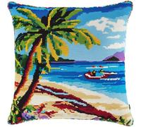 Henypt 9CT Cross Stitch Pillow Cover Kit Cartoon Coconut Tree Animal Needlepoint Craft Set Pre Printed Handmade Cushions Cover Stitched Cushion Kit Decorative for Adults Beginners 50x50cm