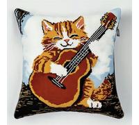 Henypt 9CT Cross Stitch Pillow Cover Kit Cats and Guitars Animal Needlepoint Craft Set Pre Printed Handmade Cushions Cover Stitched Cushion Kit Decorative for Adults Beginners 50x50cm