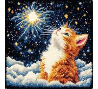 Henypt 9CT Cross Stitch Pillow Cover Kit Fantasy Cat Animal Needlepoint Craft Set Pre Printed Handmade Cushions Cover Stitched Cushion Kit Decorative for Adults Beginners 45x45cm