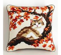 Henypt 9CT Cross Stitch Pillow Kit Cat in The Tree Animal Needlepoint Craft Set Pre Printed Handmade Cushions Cover Stitched Cushion Kit Decorative for Adults Beginners 45x45cm