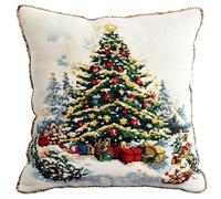 Henypt 9CT Cross Stitch Pillow Kit Colorful Christmas Tree Needlepoint Craft Set Pre Printed Handmade Cushions Cover Stitched Cushion Kit Decorative for Adults Beginners 50x50cm