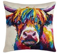 Henypt 9CT Cross Stitch Pillow Kit Colorful Highland Cattle Animal Needlepoint Craft Set Pre Printed Handmade Cushions Cover Stitched Cushion Kit Decorative for Adults Beginners 45x45cm