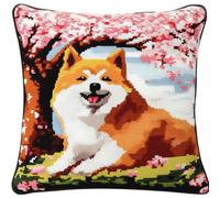 Henypt 9CT Cross Stitch Pillow Kit Flowering Trees and Akita Inu Animal Needlepoint Craft Set Pre Printed Handmade Cushions Cover Stitched Cushion Kit Decorative for Adults Beginners 45x45cm