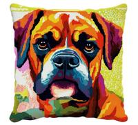 Henypt 9CT Cross Stitch Pillow Kits Colorful Boxer Dog Animal Needlepoint Craft Set Pre Printed Handmade Cushions Cover Stitched Cushion Kit Decorative for Adults Beginners 50x50cm