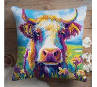 Henypt 9CT Cross Stitch Pillow Kits Colorful Highland Cattle Animal Needlepoint Craft Set Pre Printed Handmade Cushions Cover Stitched Cushion Kit Decorative for Adults Beginners 45x45cm