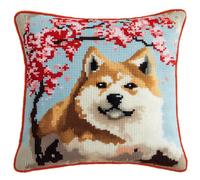 Henypt 9CT Cross Stitch Pillow Kits Flowering Trees and Akita Inu Animal Needlepoint Craft Set Pre Printed Handmade Cushions Cover Stitched Cushion Kit Decorative for Adults Beginners 45x45cm