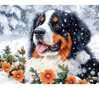 Henypt Art Pre Printed Cross Stitch Kits for Adults Beginners,Bernese Mountain Dog and Flowers in The Snow 11Ct Stamped Embroidery Kit Wall Art Home Decor Embroidery Crafts for Adults Beginners GIF