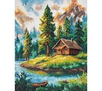 Henypt Bead Embroidery Cross Stitch Kit Forest Cabin Landscape - 40X50Cm 9Ct DIY Craft Set with Beads, Pre-Printed Fabric & Needle, Handmade Embroidery Kit for Adults, Beginners & Home Décor