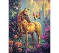 Henypt Bead Embroidery Kit Animal Horse and Butterfly Standing Among Roses DIY Embroidery Set Bead Cross Stitch Kit for Beginners Hobby Craft Kit Handmade Embroidery Gift