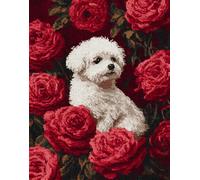 Henypt Bead Embroidery Kit,Bichon and Skull 40X50Cm Bead Work Craft for Adults, Easy DIY 3D Embroidery with Beaded Flowers, Art Home Decor