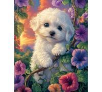 Henypt Bead Embroidery Kit Bichon Frize and Flower,Animal Embroidery, Easy DIY Craft Kit, Beadwork Set, Picture of Beads, Handmade Gift, 3D Embroidery