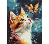 Henypt Bead Embroidery Kit Cat and Butterfly Full Beaded Cross Stitch On Stamped Canvas Fabric, Art DIY Beadwork Kit Embroidery Pattern