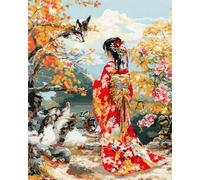 Henypt Bead Embroidery Kit Japanese Kimono Girl and Nine-Tailed Fox Full Beaded Cross Stitch On Stamped Canvas Fabric, Art DIY Beadwork Kit Embroidery Pattern