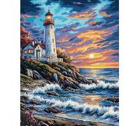 Henypt Bead Embroidery Kit Lighthouse Seascape Full Beaded Cross Stitch On Stamped Canvas Fabric, Art DIY Beadwork Kit Embroidery Pattern