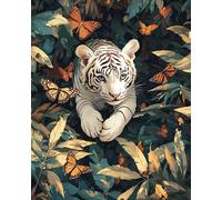 Henypt Bead Embroidery Kit Little White Tiger Chasing Butterflies 40X50Cm Full Beaded Cross Stitch On Stamped Canvas Fabric, Art DIY Beadwork Kit Embroidery Pattern