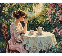 Henypt Christmas Embroidery Kit for Adults Beginners,Girl Drinking Tea in the Garden 30x40cm Easy 3-Step Canvas Wall Art-Valentine's Easter Birthday Gift Idea