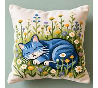 Henypt Cross Stitch Cushion Covers Kits,A cat Sleeping Among The Flowers,Cross Stitch Kits for Beginners,18x18inch DIY Handmade Crafts Needlework for Living Room Home Decoration