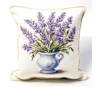 Henypt Cross Stitch Cushion Covers Kits Lavender Flowers in A Vase Needlepoint Craft Set Pre Printed Handmade Cushions Cover Stitched Cushion Kit Decorative for Adults Beginners 45x45cm