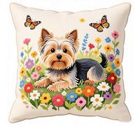 Henypt Cross Stitch Cushion Covers Kits,Yorkshire Terrier in Flowers,Cross Stitch Kits for Beginners,18x18inch DIY Handmade Crafts Needlework for Living Room Home Decoration