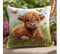 Henypt Cross Stitch Cushion Kit Baby Scotland Highland Cow On The Grass 17.7X17.7In(45X45Cm) Cushion with Zipper - Stamped Cross Stitch Embroidery Pillow Kit DIY Needlework Pillowcase Gifts Decorat