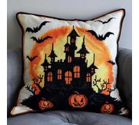 Henypt Cross Stitch Cushion Kit Castles and Bats Animal DIY Cushion Embroidery Kit Needlepoint Handmade Needlework Cushions Kits Stitched Pillow Cover Set for Adults Beginners 11CT 45x45cm