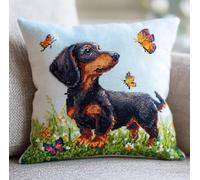 Henypt Cross Stitch Cushion Kit, Dachshund On The Grass 17.7X17.7In(45X45Cm) Cushion Back Included, Pre Printed Canvas, Stamped Cross Stitch Pillowcase Yarn and Needle Included Embroidery Needle P